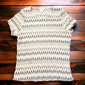 Dressbarn Womens 1X Chevron Strech Cap Sleeve Top Mauve Green Ivory Crew Boho